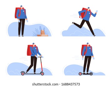 A set of a food delivery man in a mask and gloves in different situations. A courier with a thermal box contactlessly transfers the order, runs and rides on a scooter. Quarantine Food Delivery Scenes