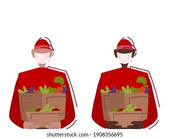 Set of food delivery men of different nationalities. Delivery of purchases. Online shopping. Vector modern illustration for banners, cards and your design
