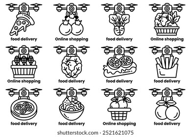 A set of food delivery and online shopping icons. The icons include a pizza, a sandwich, a salad, a bowl of fruit, and a basket of vegetables