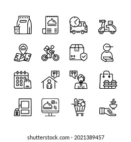 Set Of Food Delivery Related Vector Line Icons. Contains Such Icons As Courier On The Bike, Food Box, Contactless Delivery And More