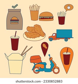 Set of Food Delivery Simple Flat Line Illustration