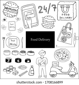 Set of food delivery. Sushi, pizza, burger, cheeseburger, order, scooter, bag. Doodle vector illustration.