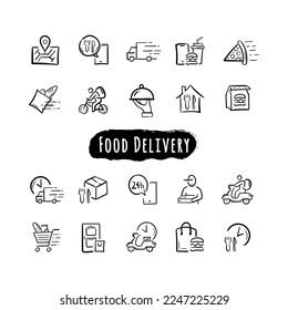 Set of Food Delivery Vector Line Icons Doodle. Hand Drawn Illustration of Courier on the bike, Food Box, Contactless Delivery.