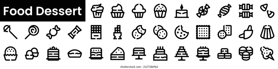 Set of food dessert Icons. Black flat icon collection isolated on white Background
