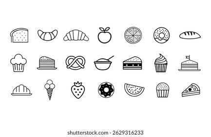 Set of Food and Dessert icons in Line Vector on White Background