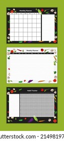 Set of food diary vector weekly, month planner design template, habit tracker. Diet organizer and notepad with vegetables. Calendar schedule printable to-do list.