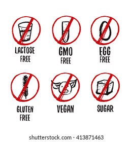 Set of food dietary grunge hand drawn labels for GMO free, gluten free, sugar free and allergen free products. 