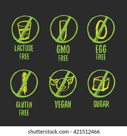 Set of food dietary grunge hand drawn labels for GMO free, gluten free, sugar free and allergen free products. 