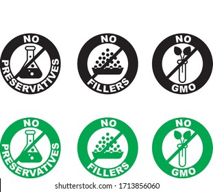 Set of food dietary labels for GMO free, fillers free and no fillers, no preservatives products. EPS 10. Badge vector icon