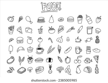 Set of food doodle pictures, vector illustration.