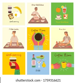 Set of food and drink cards with hand written text, simple flat colorful vector illustration in the flat design