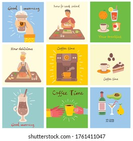 Set of food and drink cards with hand written text, simple flat colorful vector illustration in the modern flat design