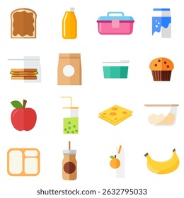 Set of food and drink elements for a back to school and packed lunch concept, isolated on a white background. Collection of healthy snacks for a balanced diet for children