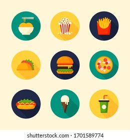 Set of food and drink flat design icon with long shadow in circle shape, vector illustration