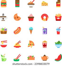 Set of Food And Drink Flat Icon Design Vector. juice, roll, salad, bar, coffee cup, popcorn, pizza, cupcake, taco, burger, cereal, french fries, smoothie, watermelon, ice cream, hot dog, milkshake