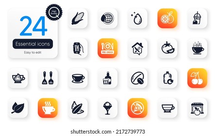 Set of Food and drink flat icons. Orange, Prohibit food and Ice cream milkshake elements for web application. Food delivery, Coffee cup, Mint leaves icons. Americano, Ice cream. Vector