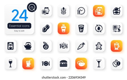 Set of Food and drink flat icons. Food delivery, Peanut and Wine glass elements for web application. Carrot, Burger, Teapot icons. Cocktail, Food, Gingerbread man elements. Potato. Vector