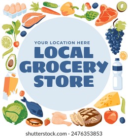 Set of food and drink grocery store objects. Advertising local shopping. Square and circle design composition. Vector flat illustration