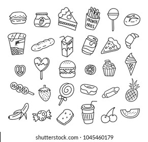 Set of food and drink icon in doodle style