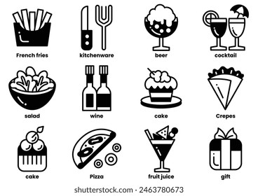 A set of food and drink icons, including a pizza, a salad, a cake, a wine bottle, a glass of wine, a cupcake, a bowl, a fork, a knife, a spoon, a bottle of juice, a glass