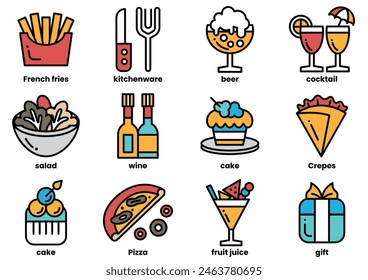 A set of food and drink icons, including a pizza, a salad, a cake, a wine bottle, a glass of wine, a cupcake, a bowl, a fork, a knife, a spoon, a bottle of juice, a glass