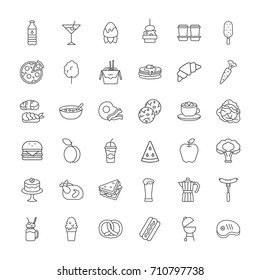 Set of food and drink icons including fast food, diary products, BBQ, desserts.