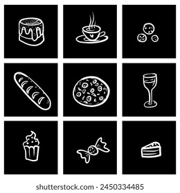 A set of food and drink icons on a black background . High quality