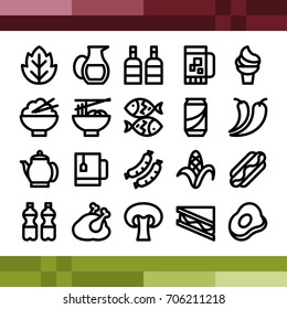 Set of food and drink icons in outline style, background element.