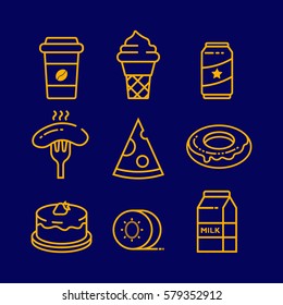 Set of food and drink icons with pizza, coffee, ice cream, donut, milk, cake,kiwi