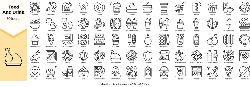 Set of food and drink icons. Simple line art style icons pack. Vector illustration