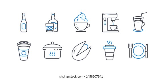 Set of Food and drink icons, such as Takeaway, Beer, Pistachio nut, Whiskey glass, Takeaway coffee, Coffee maker, Boiling pan, Cocktail, Restaurant food line icons. Line takeaway icon. Vector