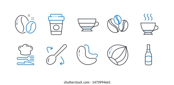 Set of Food and drink icons, such as Cashew nut, Coffee beans, Hazelnut, Espresso, Cooking spoon, Food, Coffee-berry beans, Takeaway coffee, Americano, Beer bottle line icons. Vector