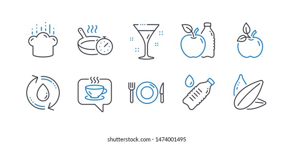 Set of Food and drink icons, such as Refill water, Eco food, Water bottle, Food, Coffee, Frying pan, Cocktail, Cooking hat, Apple, Sunflower seed line icons. Recycle aqua, Organic tested. Vector