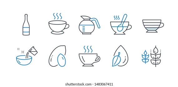 Set of Food and drink icons, such as Cappuccino, Coffee cup, Cooking water, Champagne bottle, Tea cup, Coffeepot, Peanut, Water drop, Coffee, Gluten free line icons. Hot drink, Glass. Vector