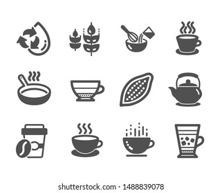 Set of Food and drink icons, such as Cocoa nut, Takeaway coffee, Tea cup, Americano, Frappe, Teapot, Recycle water, Cooking whisk, Coffee cup, Gluten free, Frying pan, Cappuccino. Vector