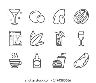 Set of Food and drink icons, such as Sunflower seed, Water glass, Peanut, Coffee maker, Hamburger, Brazil nut, Peas, Whiskey bottle, Cafe creme, Cocktail, Pecan nut, Wineglass line icons. Vector