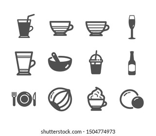 Set of Food and drink icons, such as Cappuccino, Coffee cocktail, Cooking mix, Coffee cup, Hazelnut, Food, Latte, Cappuccino cream, Beer, Champagne glass, Peas, Mocha classic icons. Vector