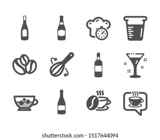 Set of Food and drink icons, such as Coffee, Champagne, Cold coffee, Champagne bottle, Brandy bottle, Cooking whisk, Cocktail, Coffee-berry beans, Cooking beaker classic icons. Coffee icon. Vector