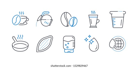 Set of Food and drink icons, such as Coffee pot, Frying pan, Water drop, Water cooler, Cooking beaker, Coffee beans, Cocoa nut, Latte line icons. Tea drink, Cooking utensil. Vector