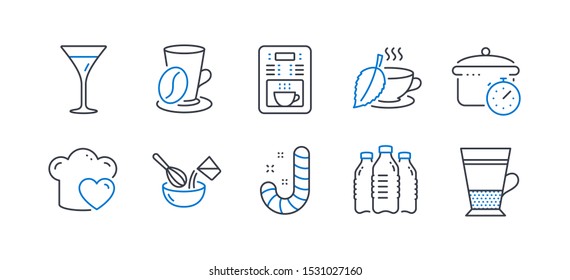 Set of Food and drink icons, such as Candy, Coffee maker, Cooking whisk, Martini glass, Coffee cup, Love cooking, Boiling pan, Water bottles, Mint tea, Double latte line icons. Line candy icon. Vector