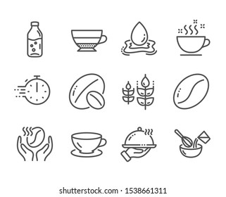 Set of Food and drink icons, such as Cooking whisk, Espresso, Restaurant food, Coffee beans, Soy nut, Gluten free, Water bottle, Americano, Coffee cup, Water splash, Cooking timer. Vector