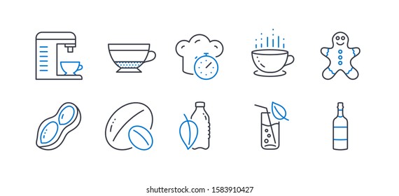 Set of Food and drink icons, such as Dry cappuccino, Water glass, Water bottle, Peanut, Soy nut, Cooking timer, Coffee machine, Gingerbread man, Coffee cup, Brandy bottle line icons. Vector