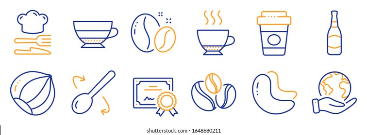 Set of Food and drink icons, such as Cashew nut, Coffee beans. Certificate, save planet. Hazelnut, Espresso, Cooking spoon. Food, Coffee-berry beans, Takeaway coffee. Vector