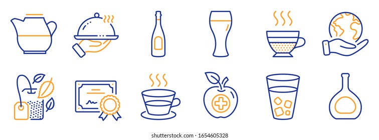 Set of Food and drink icons, such as Ice tea, Medical food. Certificate, save planet. Milk jug, Beer glass, Cognac bottle. Champagne, Cafe creme, Mint bag. Vector