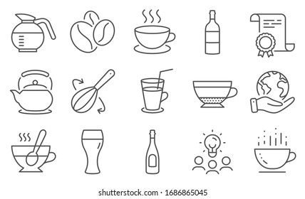 Set of Food and drink icons, such as Coffeepot, Tea cup. Diploma, ideas, save planet. Coffee cup, Cocktail, Cooking whisk. Wine bottle, Champagne, Teapot. Vector