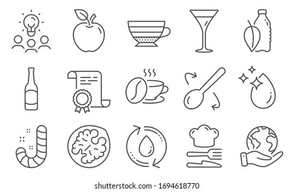 Set of Food and drink icons, such as Food, Cooking spoon. Diploma, ideas, save planet. Martini glass, Cappuccino, Water bottle. Apple, Water drop, Beer. Candy, Walnut, Coffee cup line icons. Vector