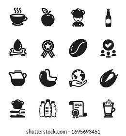 Set of Food and drink icons, such as Water splash, Pistachio nut. Certificate, approved group, save planet. Cooking chef, Coffee beans, Latte coffee. Water bottles, Cashew nut, Milk jug. Vector