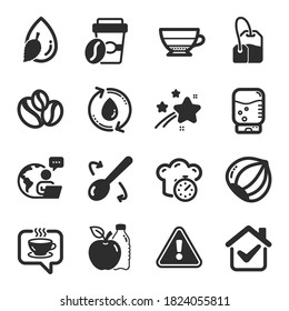 Set of Food and drink icons, such as Hazelnut, Coffee, Refill water symbols. Coffee-berry beans, Takeaway coffee, Americano signs. Apple, Cooking timer, Cooking spoon. Tea bag flat icons. Vector