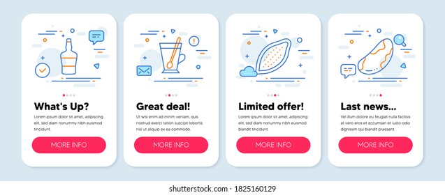 Set of Food and drink icons, such as Tea mug, Scotch bottle, Cocoa nut symbols. Mobile screen mockup banners. Brazil nut line icons. Cup with teaspoon, Brandy alcohol, Vegetarian food. Vector