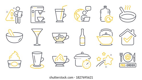 Set of Food and drink icons, such as Cooking mix, Martini glass, Teacup symbols. Cold coffee, Espresso cream, Beer signs. Ice cream, Pre-order food, Teapot. Frying pan, Coffee maker. Vector